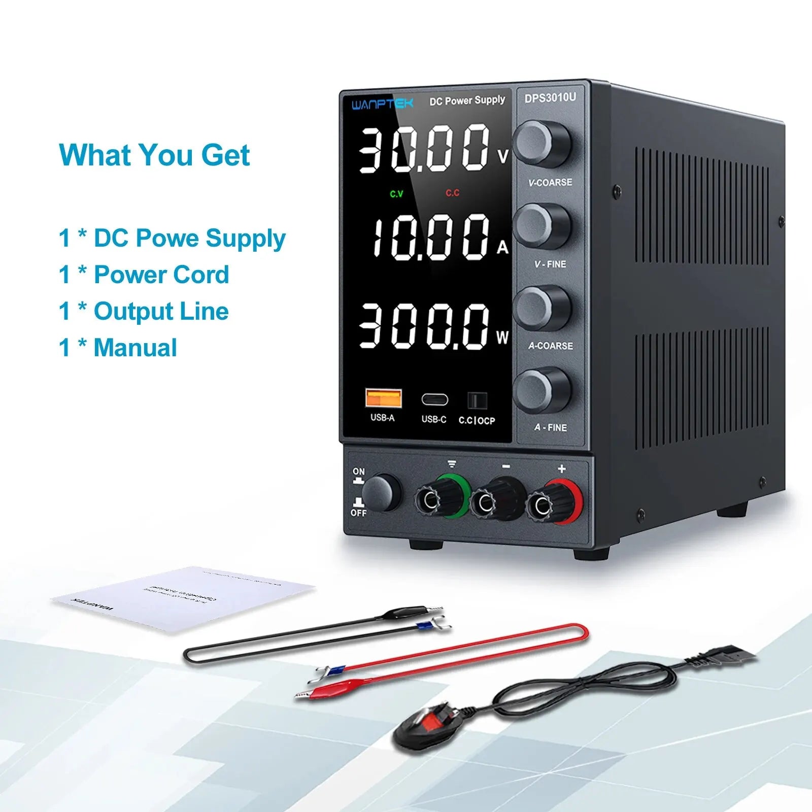 DC Power Supply Variable 30 V 0 - 10A with Encoder Coarse and Fine Adjustment Knobs, Bench with USB and Type - C Fast Charging Ports - 