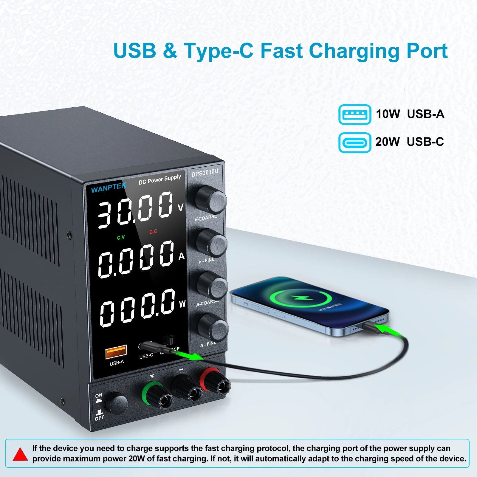 DC Power Supply Variable 30 V 0 - 10A with Encoder Coarse and Fine Adjustment Knobs, Bench with USB and Type - C Fast Charging Ports - 
