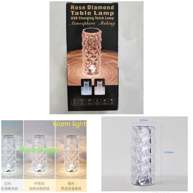 Diamond Table Lamp, Crystal Lamp Romantic LED Rose Diamond Table Lamp, 16 Color Changing RGB Night Light Remote & Touch Control Rechargeable Lamp