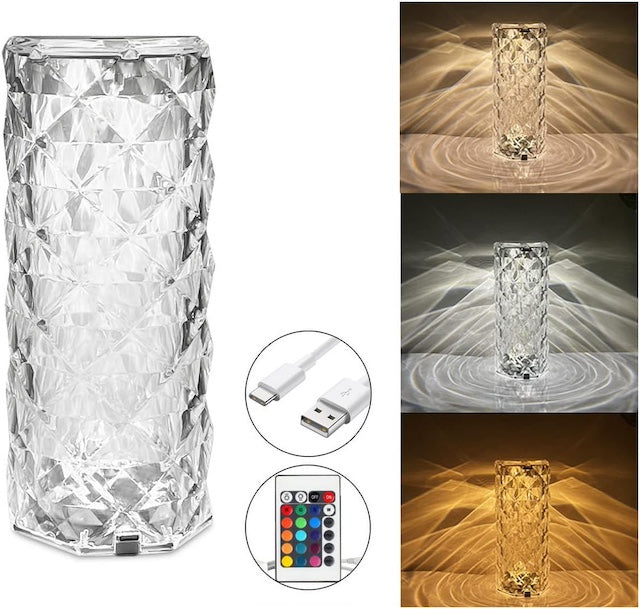 Diamond Table Lamp, Crystal Lamp Romantic LED Rose Diamond Table Lamp, 16 Color Changing RGB Night Light Remote & Touch Control Rechargeable Lamp