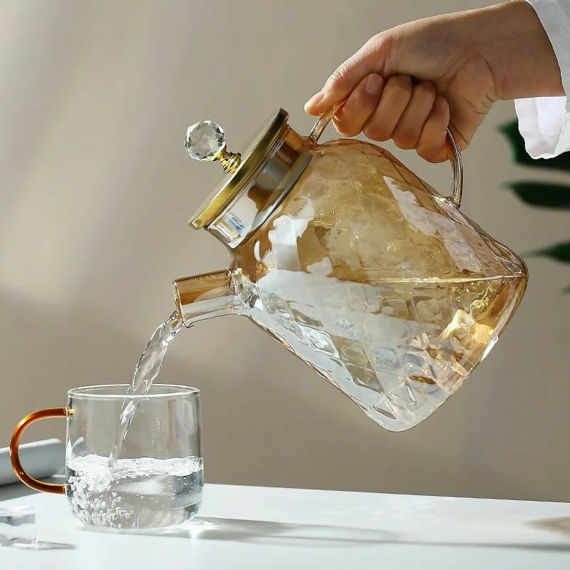 Champagne Color Diamond Texture Surface Glass Kettle Heat-resistant Thicken Glass Household Juice Flower Teapot Nordic