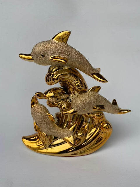 Gold Dolphine Decor, Gold-Plated Dolphin Bay Sculpture Crafts, Luxury Realistic Dolphin Decoration, Living Room Decor