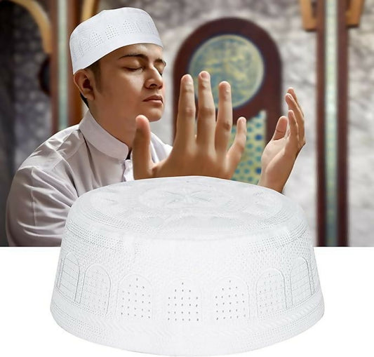 Islamic Muslim Hat, Embroidered Round Cap Prayer Cotton Knit for Men, Eid Ramadhan Pray Gift - White
