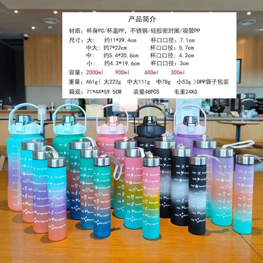 Leak-proof 4 in 1 Motivational Bottle, Plastic Water Bottle With Straw, Time Marker Drinking Bottles - 2000ml, 900ml, 600ml, 300ml