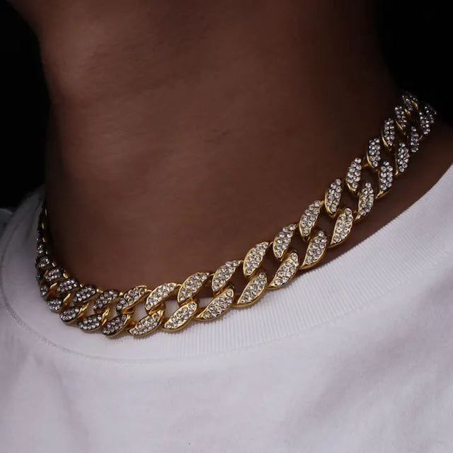 20 inch Full Iced Out Paved Rhinestones Gold Chain Bling, Iced Out Bling Gold Finish Link Chain Necklace Jewelry