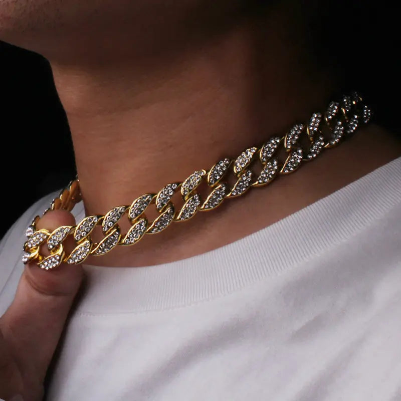 20 inch Full Iced Out Paved Rhinestones Gold Chain Bling, Iced Out Bling Gold Finish Link Chain Necklace Jewelry