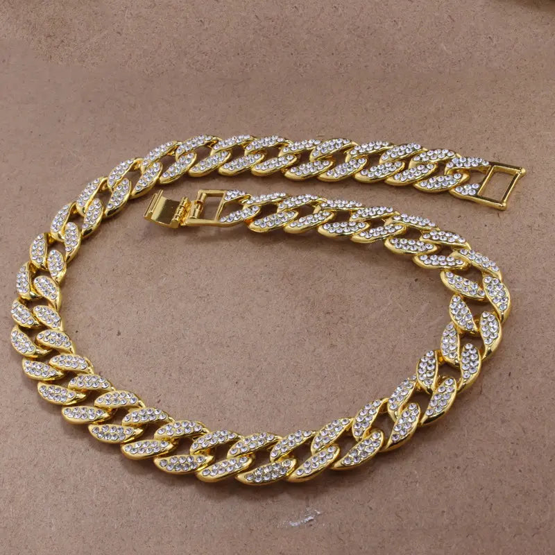 20 inch Full Iced Out Paved Rhinestones Gold Chain Bling, Iced Out Bling Gold Finish Link Chain Necklace Jewelry