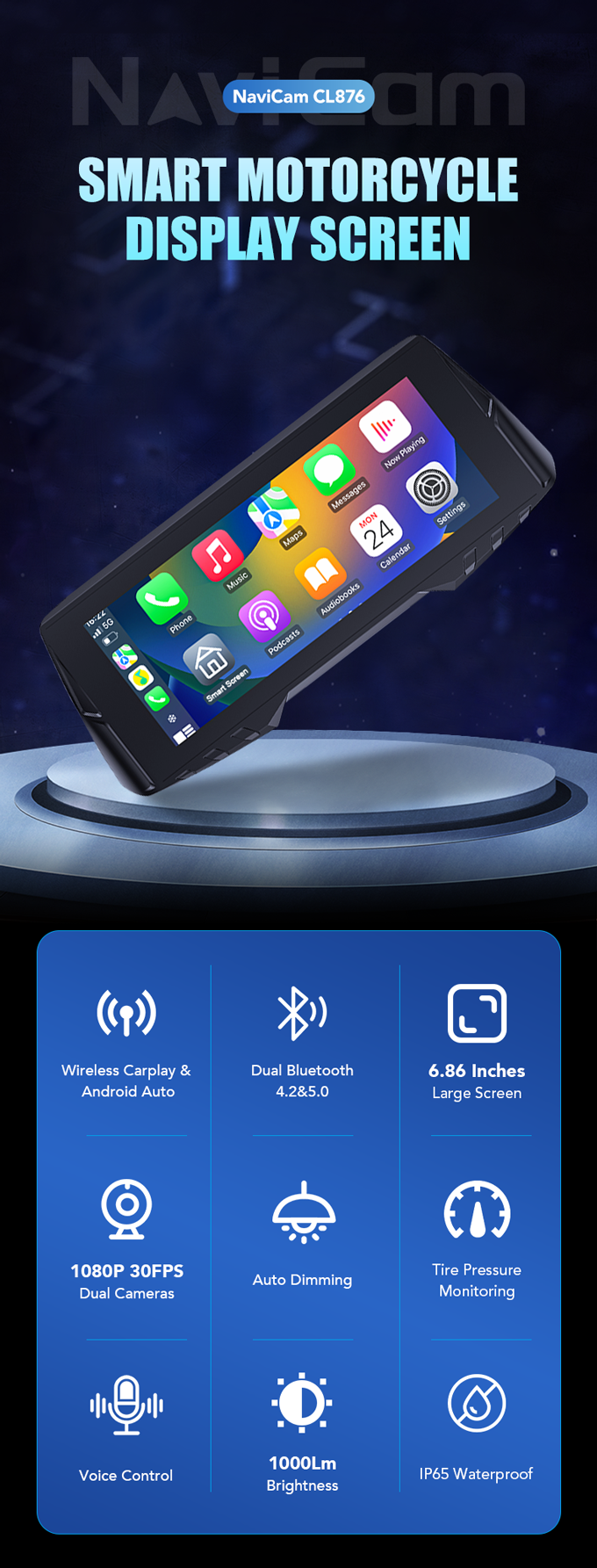 Spedal CL876 Gps Motorcycle Wireless CarPlay/Android Auto 6.86 Inch 1080P Dual Cameras Loop Recording Tire Pressure Monitoring