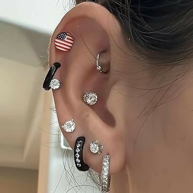 Fashion USA Flag Magnetic Clip On Black Stud Earring