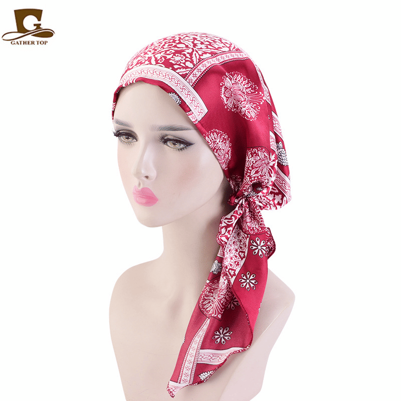 Elegant Vintage Silky Turban Bonnet, Elastic Printed Headwrap for Hair Loss