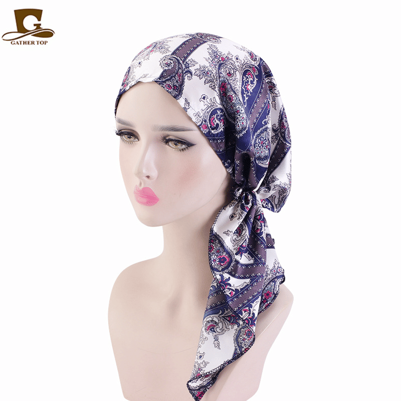 Elegant Vintage Silky Turban Bonnet, Elastic Printed Headwrap for Hair Loss