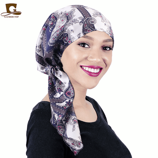 Elegant Vintage Silky Turban Bonnet, Elastic Printed Headwrap for Hair Loss
