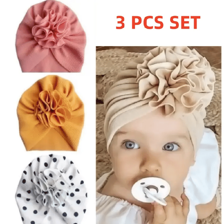 3-Pack Cute Floral Baby Turban & Beanie Caps for 0-18m Infant Girls