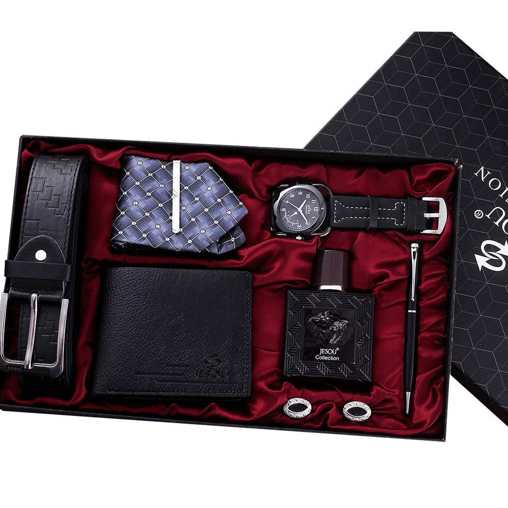 7-Piece Men's Luxury Gift Set: Watch, Belt, Wallet, Perfume, Pen, Tie, Cufflinks