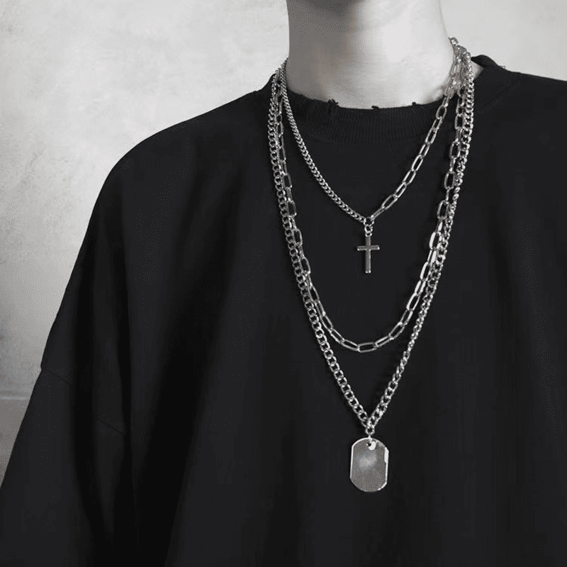Trendy Men's 3-Piece Multi-Layer Hip Hop Silver Chain Necklace Set