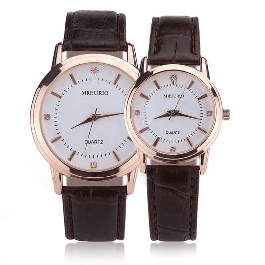 Elegant Brown Leather Strap Couple Quartz Watches - Fashionable Lover Gift Set