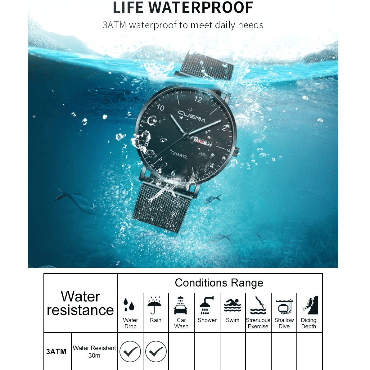 Generic Men's Waterproof Quartz Watch with Stainless Steel Strap