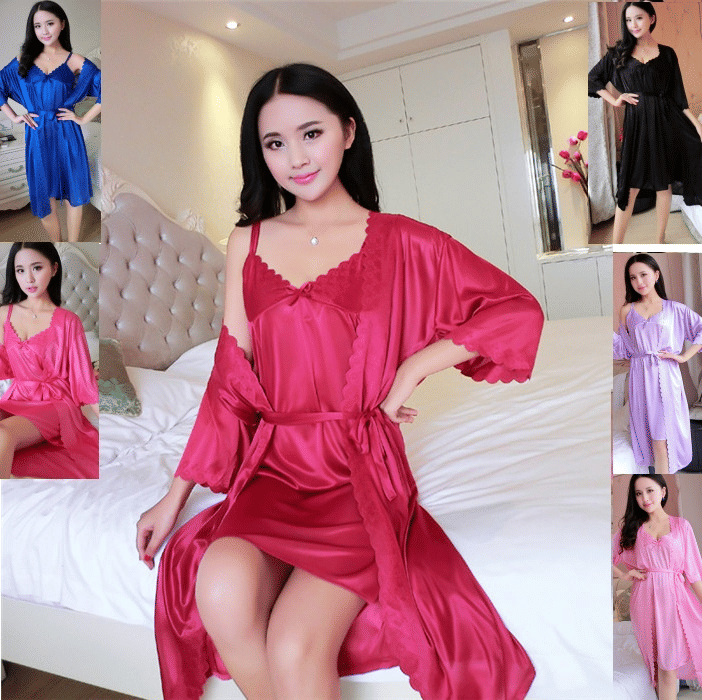 Elegant 2-Piece Satin Lace Women's Nightwear Set - Slip Dress & Robe