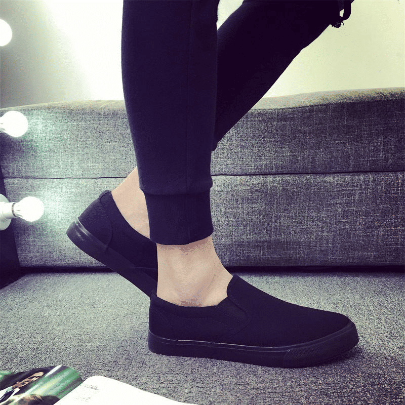 Men's Classic Black Canvas Loafers - Comfortable Slip-On Casual Flat Shoes