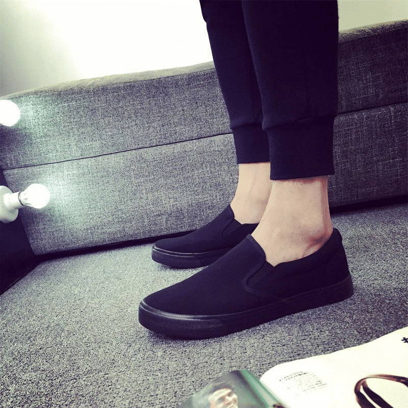 Men's Classic Black Canvas Loafers - Comfortable Slip-On Casual Flat Shoes