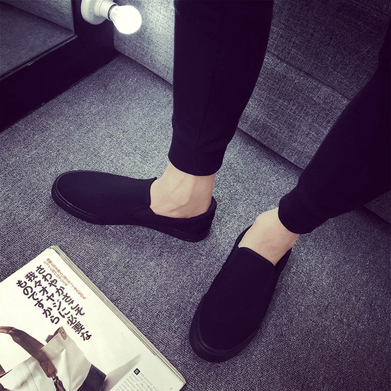 Men's Classic Black Canvas Loafers - Comfortable Slip-On Casual Flat Shoes