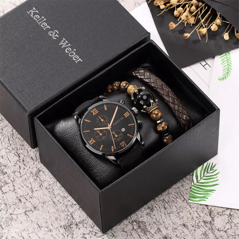 Men's Personality Black Quartz Watch and Brown Leather Bracelet Set