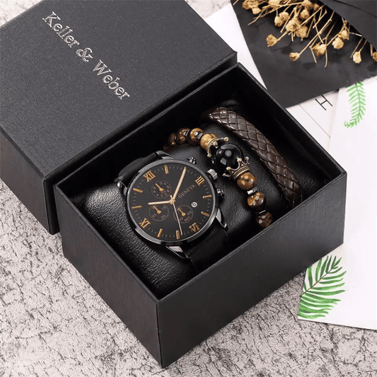 Men's Personality Black Quartz Watch and Brown Leather Bracelet Set
