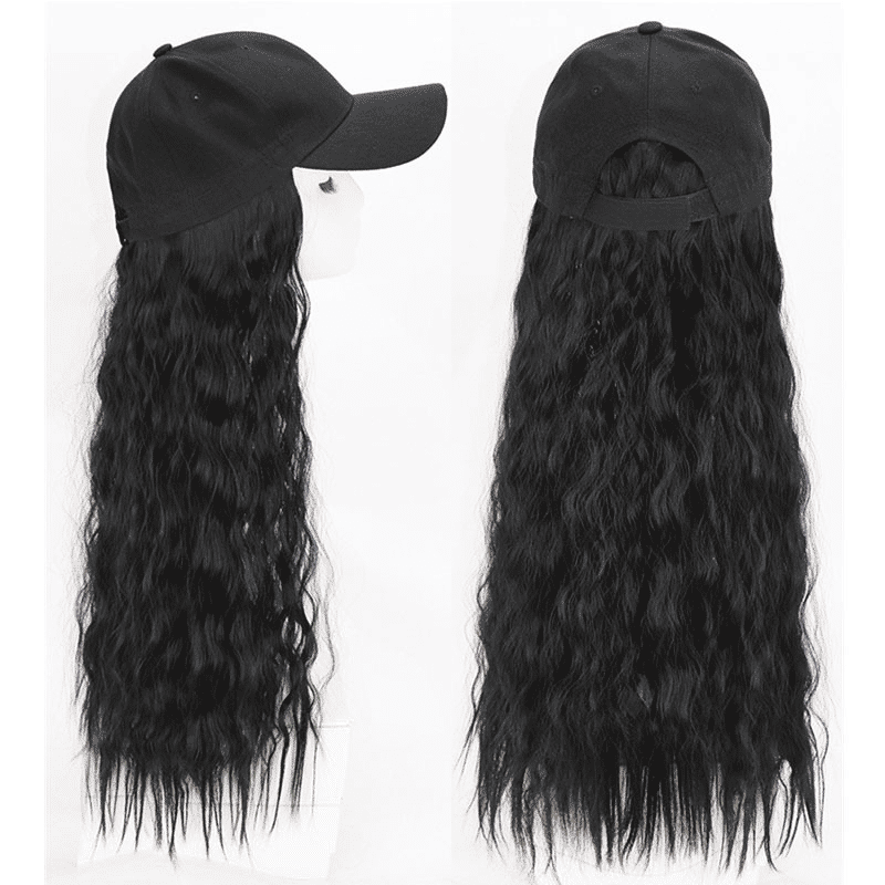 Lustrous Black Curly Hat Wig - Premium Synthetic Hair, 26 Inch, Fashion Cap
