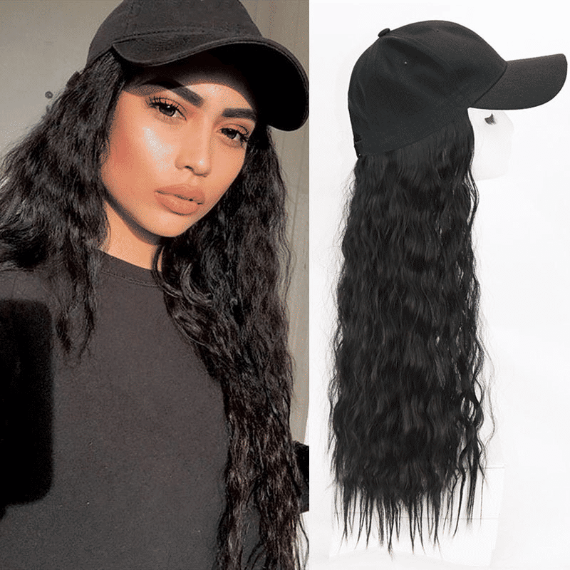 Lustrous Black Curly Hat Wig - Premium Synthetic Hair, 26 Inch, Fashion Cap