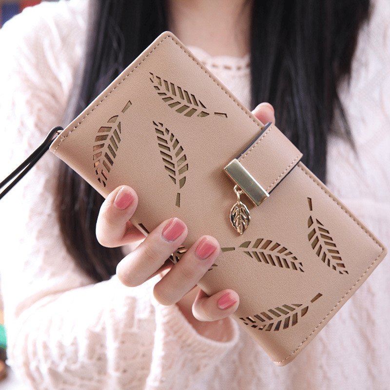 Elegant PU Leather Women's Long Wallet with Gold Hollow Leaf Design