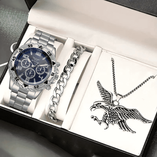 Men's Quartz Stainless Steel Watch Set: Large Dial, Bracelet, Necklace Gift