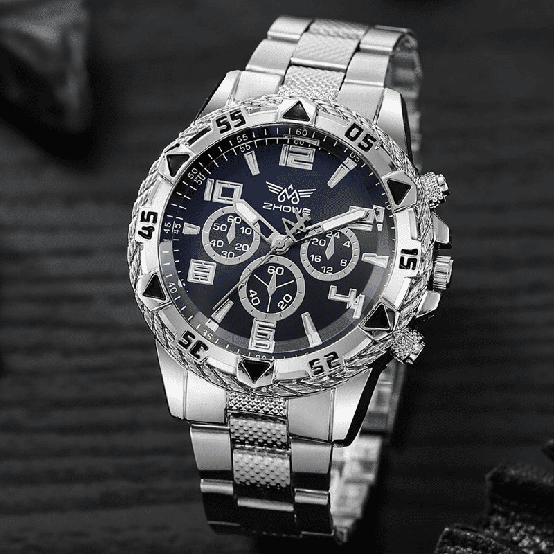 Men's Quartz Stainless Steel Watch Set: Large Dial, Bracelet, Necklace Gift