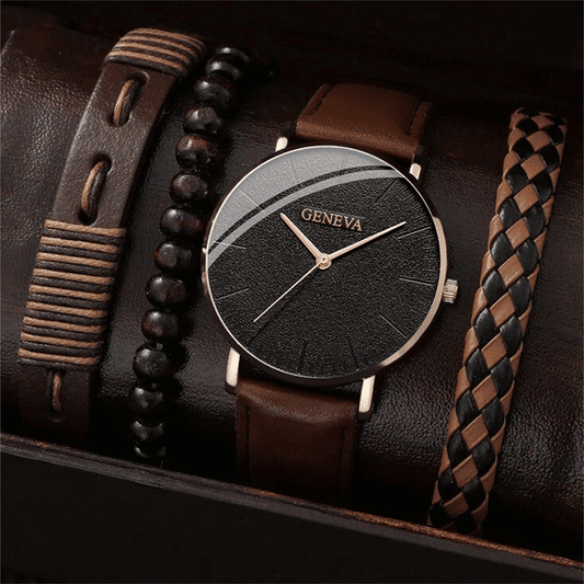 Men's 4-Piece Quartz Watch Set: Luxury Leather Bracelet, Business Casual Style