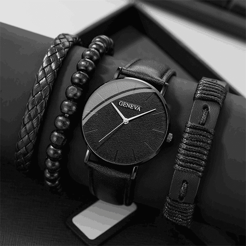 Luxury 4-Piece Men's Fashion Sports Quartz Watch Set Brown Leather Bracelet