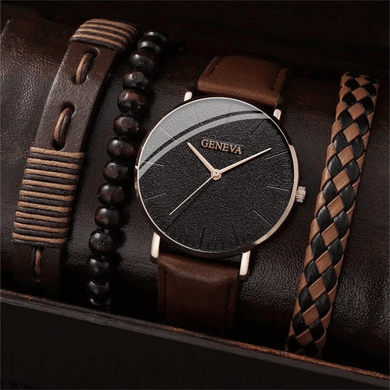 Men's 4-Piece Quartz Watch Set: Luxury Leather Bracelet, Business Casual Style