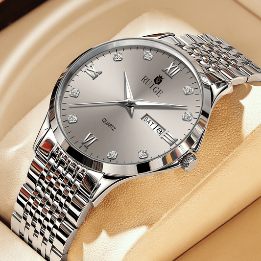 Luxury Men's Stainless Steel Dual Calendar Quartz Business Watch
