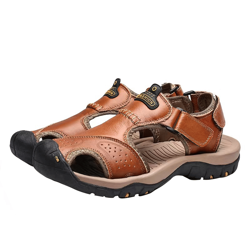 SXCHEN Men's Luxury Leather Beach Sandals, Durable Outdoor Walking Footwear