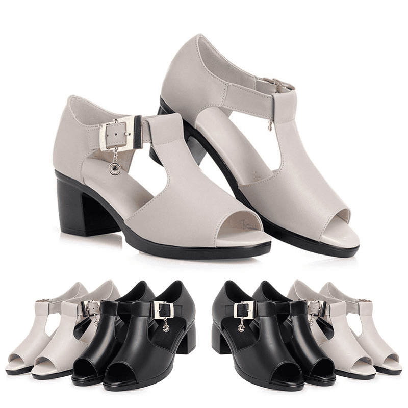 SXCHEN Ladies Roman Fish Mouth Sandals - Versatile Thick Mid-Heel, Comfortable Non-Slip