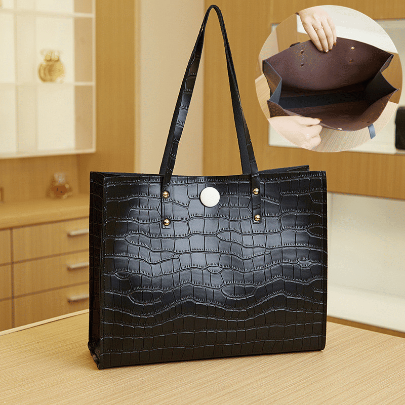 Elegant Black Croc-Patterned Women's Shoulder Tote Bag - Fashionable PU Leather Handbag