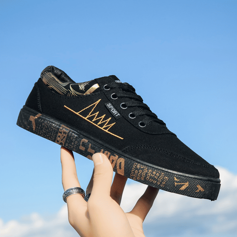 Men's Stylish Canvas Board Shoes - Black & Gold High-Quality Sneakers