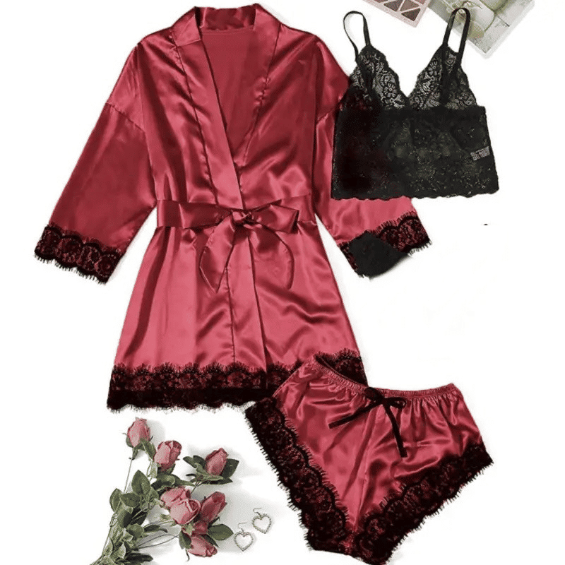 Soft Satin Lace 4-Piece Women's Long Sleeve Pajama Set