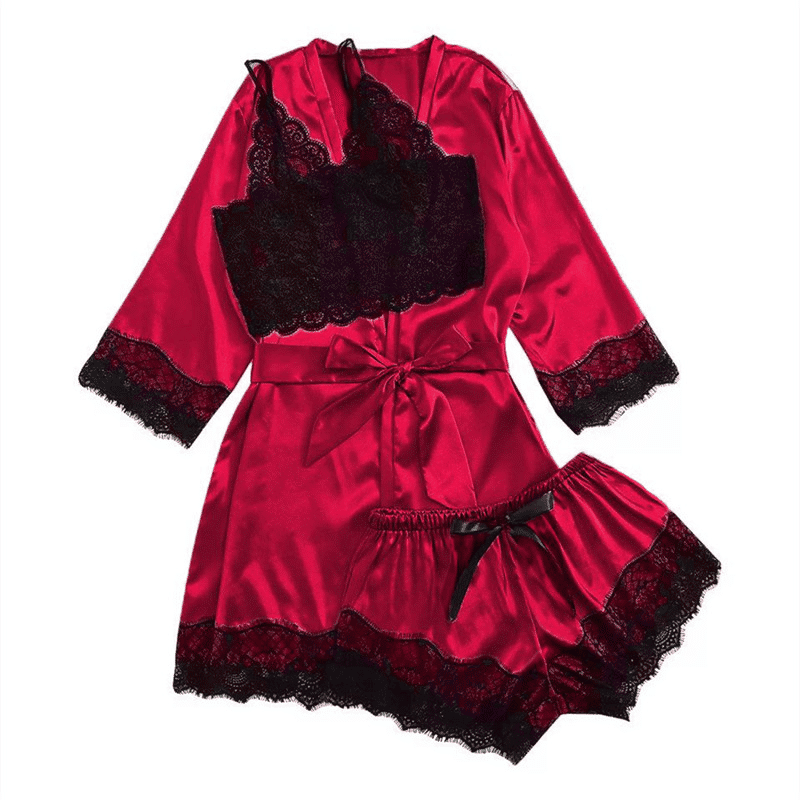 Soft Satin Lace 4-Piece Women's Long Sleeve Pajama Set
