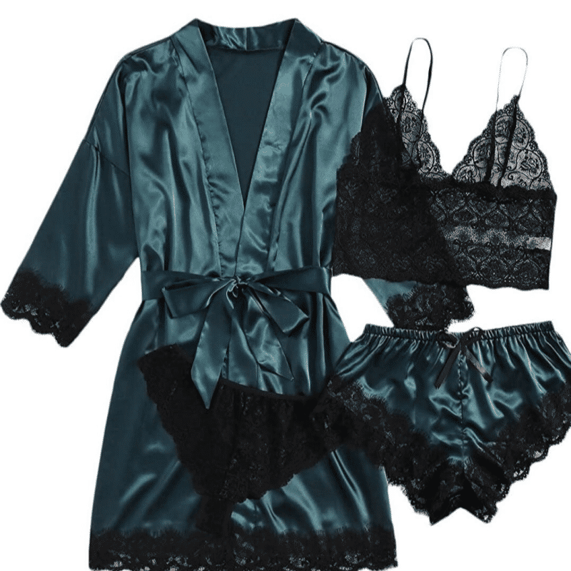Soft Satin Lace 4-Piece Women's Long Sleeve Pajama Set