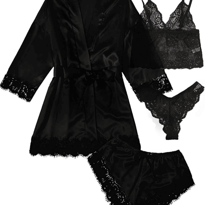 Soft Satin Lace 4-Piece Women's Long Sleeve Pajama Set