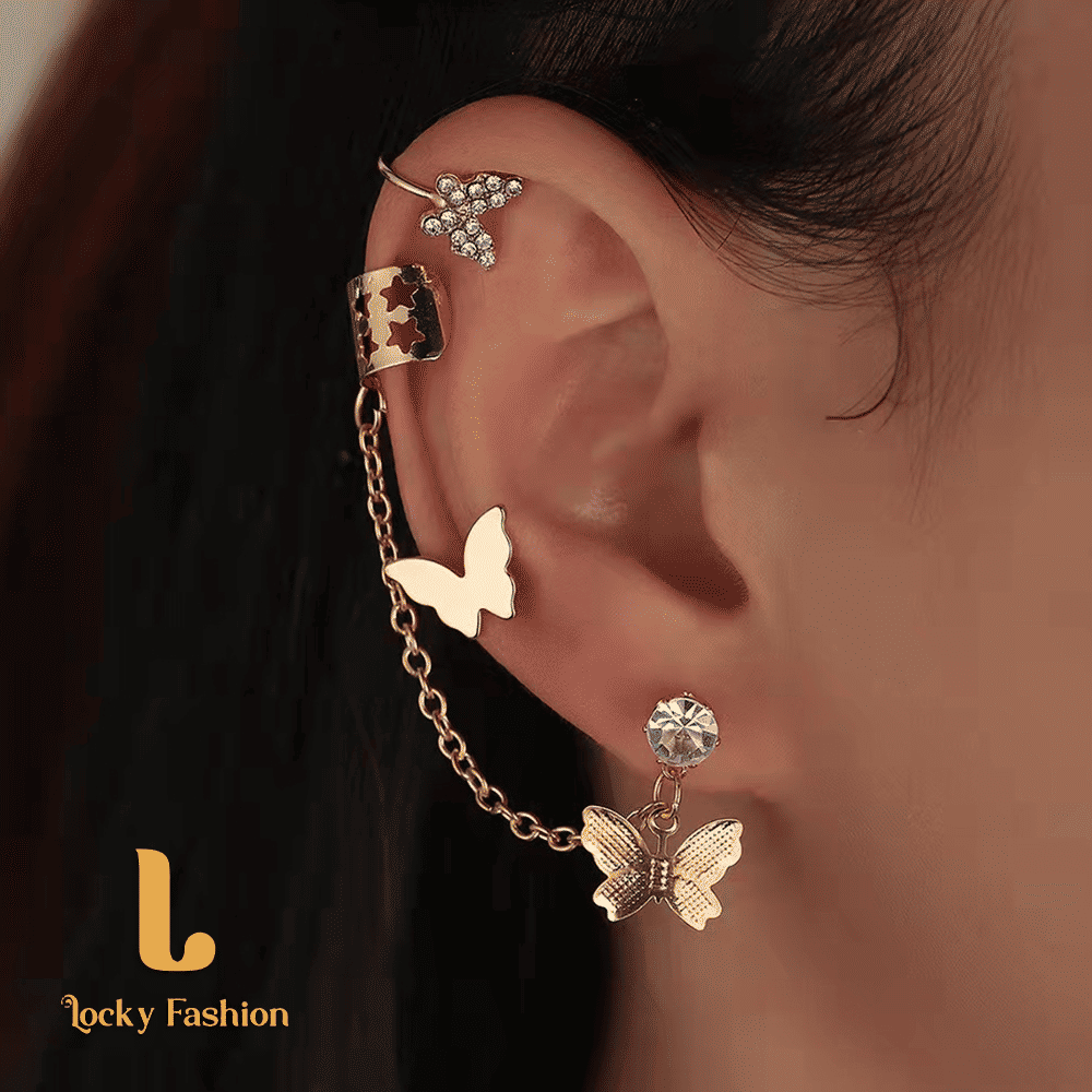 WOW Gold Electroplated Butterfly Tassel Ear Cuff Set for Women (5-Piece)