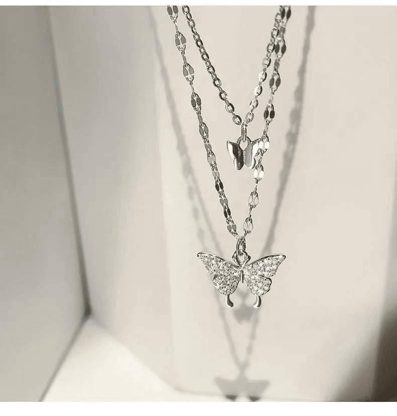 Elegant Butterfly Double-Layer Silver Necklace for Women - Fashion Accessory Gift