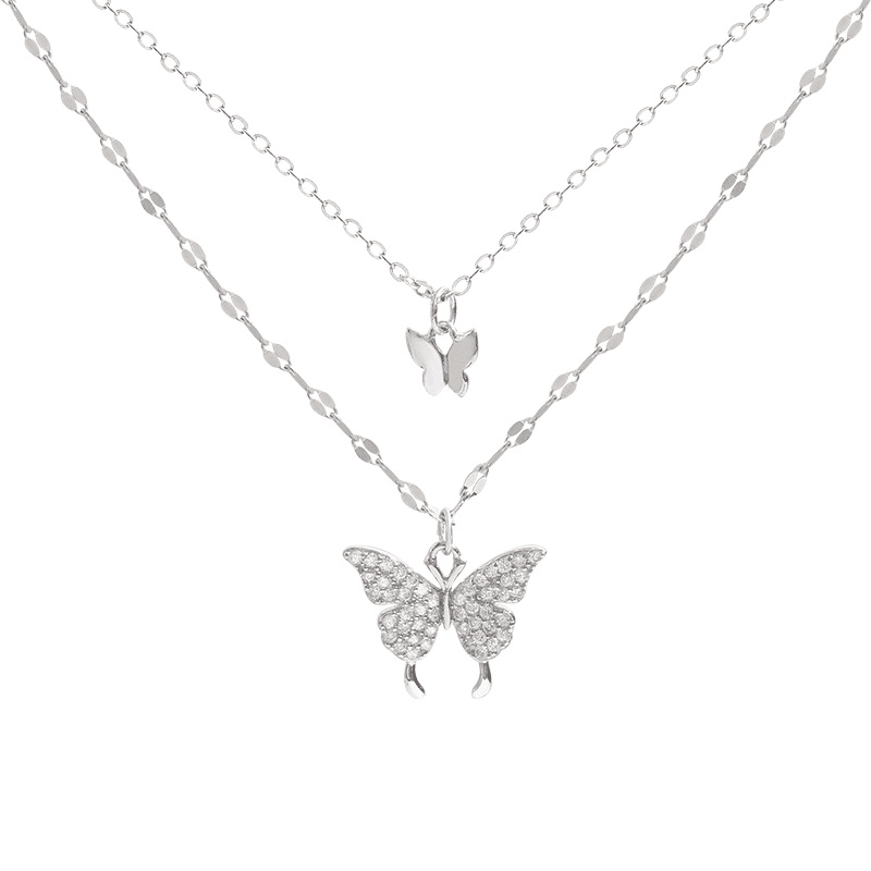 Elegant Butterfly Double-Layer Silver Necklace for Women - Fashion Accessory Gift
