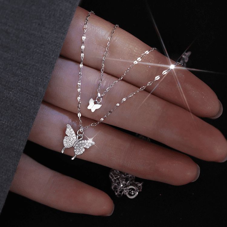 Elegant Butterfly Double-Layer Silver Necklace for Women - Fashion Accessory Gift