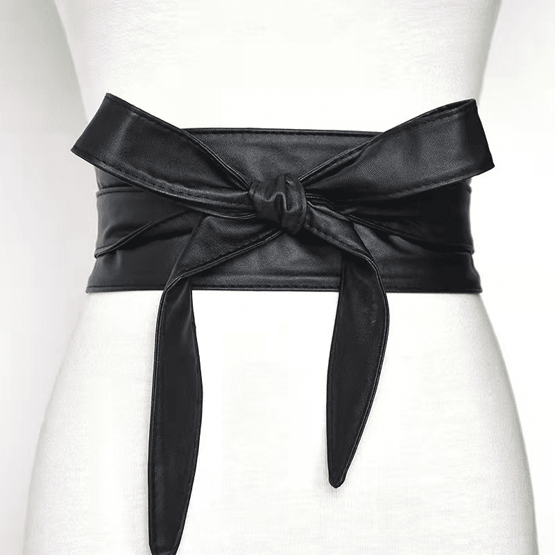 Women's Chic Versatile Black Faux Leather Tie-Wrap Waist Belt for Dresses