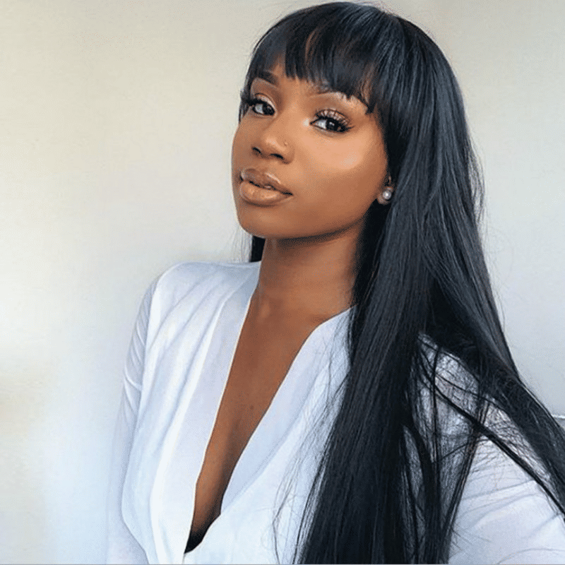 Natural Black Long Straight Synthetic Wig with Neat Bangs for Women